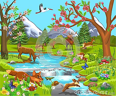 Cartoon illustration of wild animals in a spring natural landscape Vector Illustration