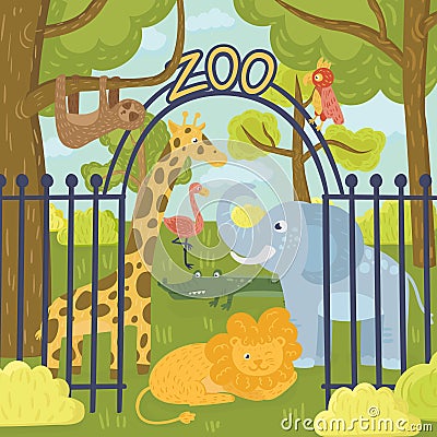 Wild animals in zoo park. Giraffe, elephant, parrot, lion, sloth, koala bear, flamingo, crocodile and tiger. Nature Vector Illustration
