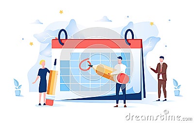 Cartoon illustration of woman and man check calendar have plan on memo, Working and day planning concept Cartoon Illustration