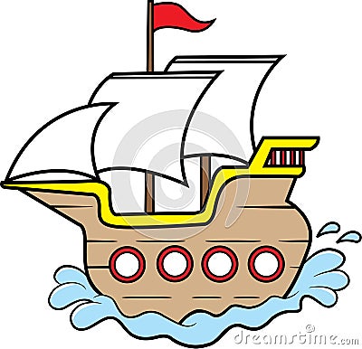 Cartoon wooden sailing ship. Vector Illustration