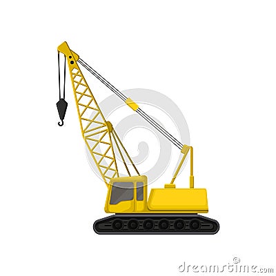 Flat vector icon of yellow crane on crawler tracks. Heavy machine with hook using in construction industry for lifting Vector Illustration