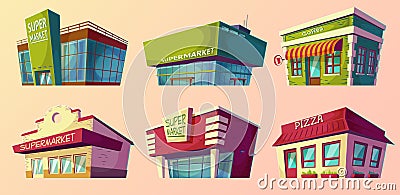 Cartoon illustrations retro and modern supermarket, coffee shop, pizzeria Cartoon Illustration