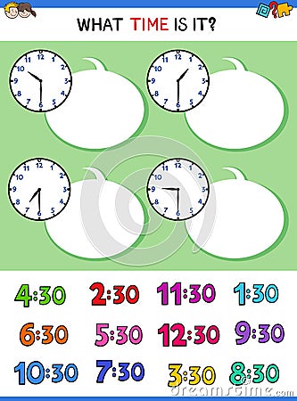 Telling time with clock face educational game Vector Illustration