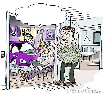 Cartoon illustratpion of a student who received a small car in the student gift Cartoon Illustration