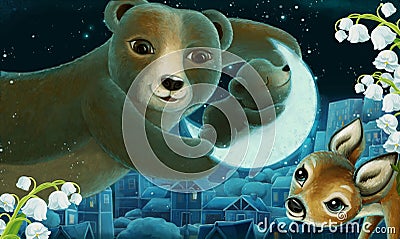 Cartoon image with animals family bears sleeping by night illustration Cartoon Illustration