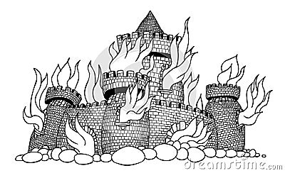 Cartoon image of burning castle Vector Illustration