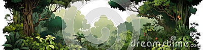 A cartoon image of a jungle scene with trees and plants, AI Stock Photo