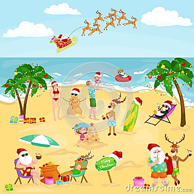 Cartoon image of people in festive mood on beach Vector Illustration