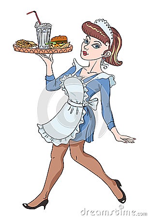 Cartoon image of Retro Pin Up painting of a 1950 waitress hold Vector Illustration