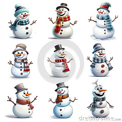 cartoon image of a set of cute white snowmen Stock Photo