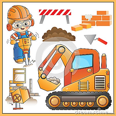 Cartoon images of big crawler excavator and worker with jackhammer. Building tools. Construction vehicles. Profession. Colorful Vector Illustration