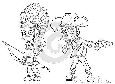 Cartoon indian boy with bow cowboy with gun character vector set Vector Illustration