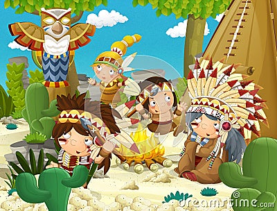 Cartoon indian characters near their tee pee and fire in the wilderness - woman near totem - indian chief is sitting by the fire Cartoon Illustration