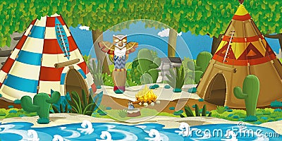 Cartoon indian characters near their tee pee in the wilderness - woman near totem Cartoon Illustration