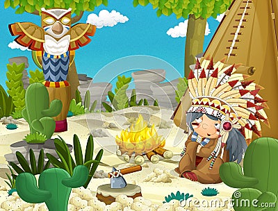 Cartoon indian chief is sitting by the fire near the tee pee Cartoon Illustration