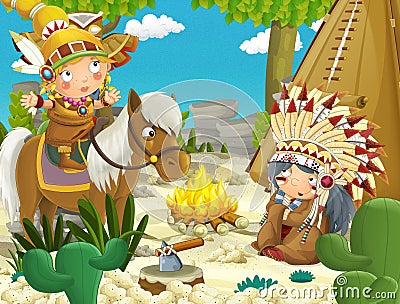 Cartoon indian chief is sitting by the fire near the tee pee and listening to some story from indian girl on a horse Cartoon Illustration