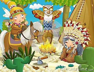 Cartoon indian chief is sitting by the fire near the tee pee and listening to some story from indian girl on a horse Cartoon Illustration