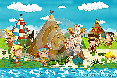 Cartoon indian chief is sitting by the fire near the tee pee and looking at dancing warriors Cartoon Illustration