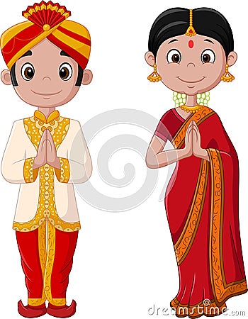 Cartoon Indian couple wearing traditional costume Vector Illustration