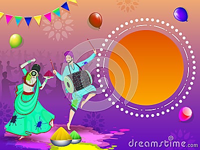 Cartoon Indian Female Dancing with Drummer Man, Gulal Bowls, Balloons, Bunting Flag Decorated Background and Given Stock Photo