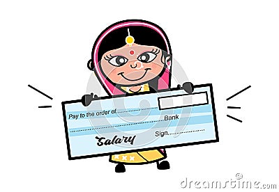 Cartoon Indian Woman holding paycheck Stock Photo