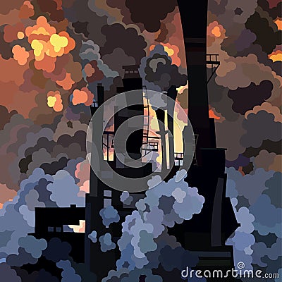 Cartoon industrial building with pipes in clouds of smoke Vector Illustration