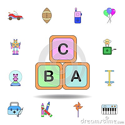 cartoon infants blocks alphabet toy colored icon. set of children toys illustration icons. signs, symbols can be used for web, Cartoon Illustration