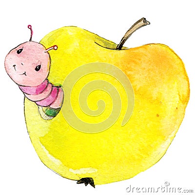 Cartoon insect apple worm watercolor illustration. Cartoon Illustration