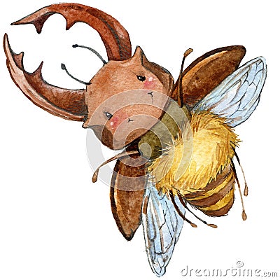 Cartoon insect stag beetle watercolor illustration. Cartoon Illustration