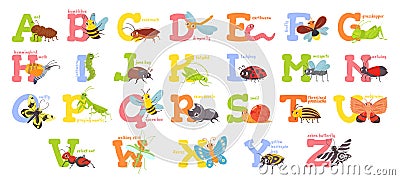 Cartoon insects alphabet. Funny bug letters, comic insect abc for kids and cute bugs vector illustration set Vector Illustration