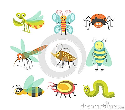 Funny cartoon insects and bugs vector isolated smiling characters icons Vector Illustration