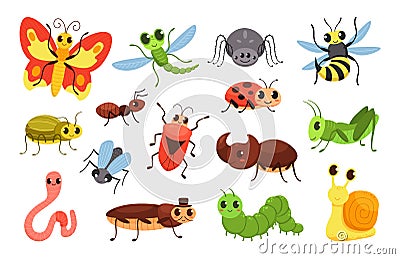 Cartoon insects. Happy bugs, cute little beetle and smiled caterpillar. Wildlife insect vector Illustration set Vector Illustration