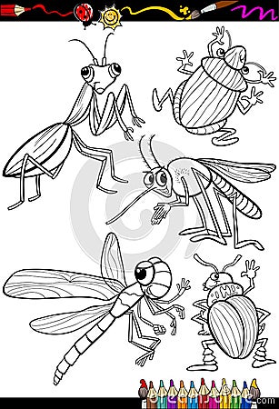 Cartoon insects set for coloring book Vector Illustration