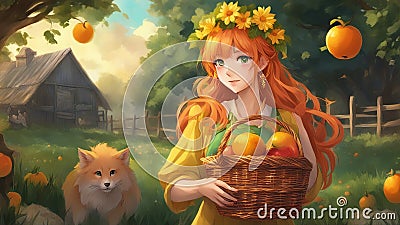Cartoon inspired anime, anime fox cute anime girl with long orange hair and green eyes, wearing a yellow and green lolita Stock Photo