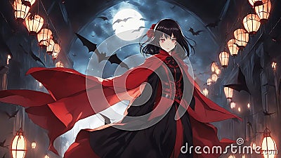 Cartoon inspired anime, seductive anime black hair red eyes red dress black cloak lantern playful dark cave bats Stock Photo