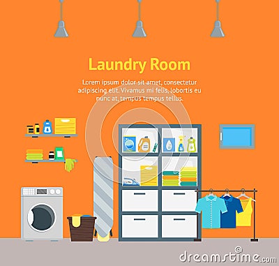 Cartoon Interior Laundry Room with Furniture. Vector Vector Illustration
