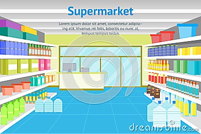 Cartoon Interior Shop or Supermarket with Furniture Card Poster. Vector Vector Illustration