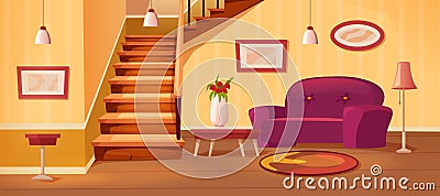 Cartoon interior with staircase. Cozy hallway room, home inside and two-story apartments vector background illustration Vector Illustration