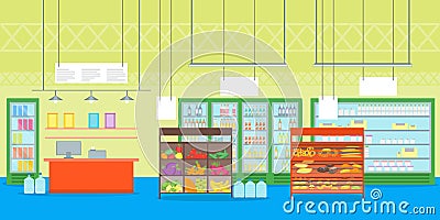 Cartoon Interior Super Market or Shop with Furniture. Vector Vector Illustration