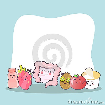 Cartoon intestine with health food Vector Illustration
