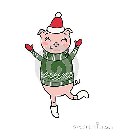 Cartoon invitation card. Dancing piglet in sweater in mittens on dark background. Vector winter illustration. Vector Illustration