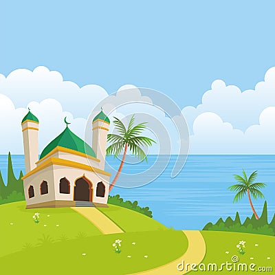 Islamic Nature Landscape with mosque Vector Illustration