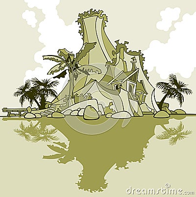Cartoon island-mountain and palm trees Vector Illustration