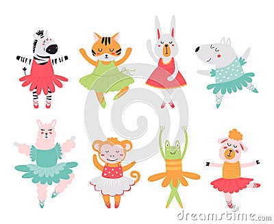 Cartoon isolated ballerina animals. Dancing bunny, zebra and tiger. Ballet animal dance, funny scandinavian style classy Vector Illustration