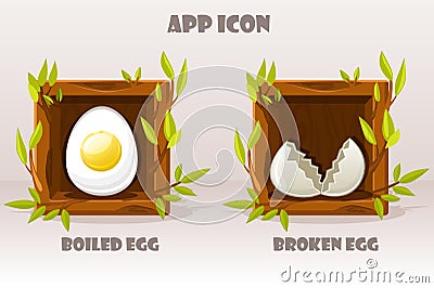 Cartoon isolated eggs in wooden square of twigs. Set of boiled and broken egg. Vector illustration. Vector web icons and mobile Vector Illustration