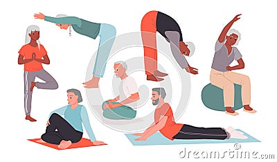 Cartoon isolated elder person doing active pilates poses and gymnastics, elderly happy man and woman stretch on mats Vector Illustration