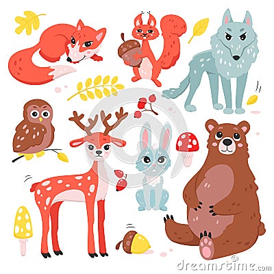 Cartoon isolated forest characters with autumn berry fruit on plants and mushrooms, squirrel with acorn and deer, fox Vector Illustration