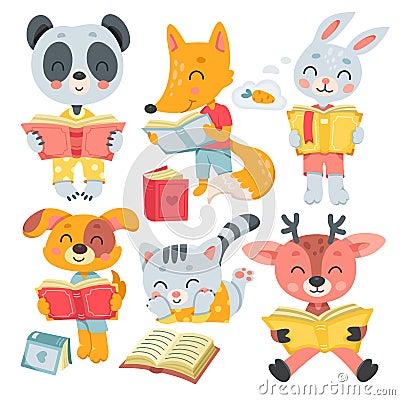 Cartoon isolated funny smart little characters love to study, forest animals reading fantasy and storybook, fairy tale Vector Illustration