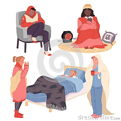 Cartoon isolated male and female characters wearing warm clothes and blanket, drinking hot drink, warmed up with heater Vector Illustration