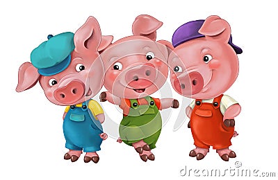 Cartoon isolated young pigs in work outfit standing and looking on each other / isolated / illustration for children Cartoon Illustration